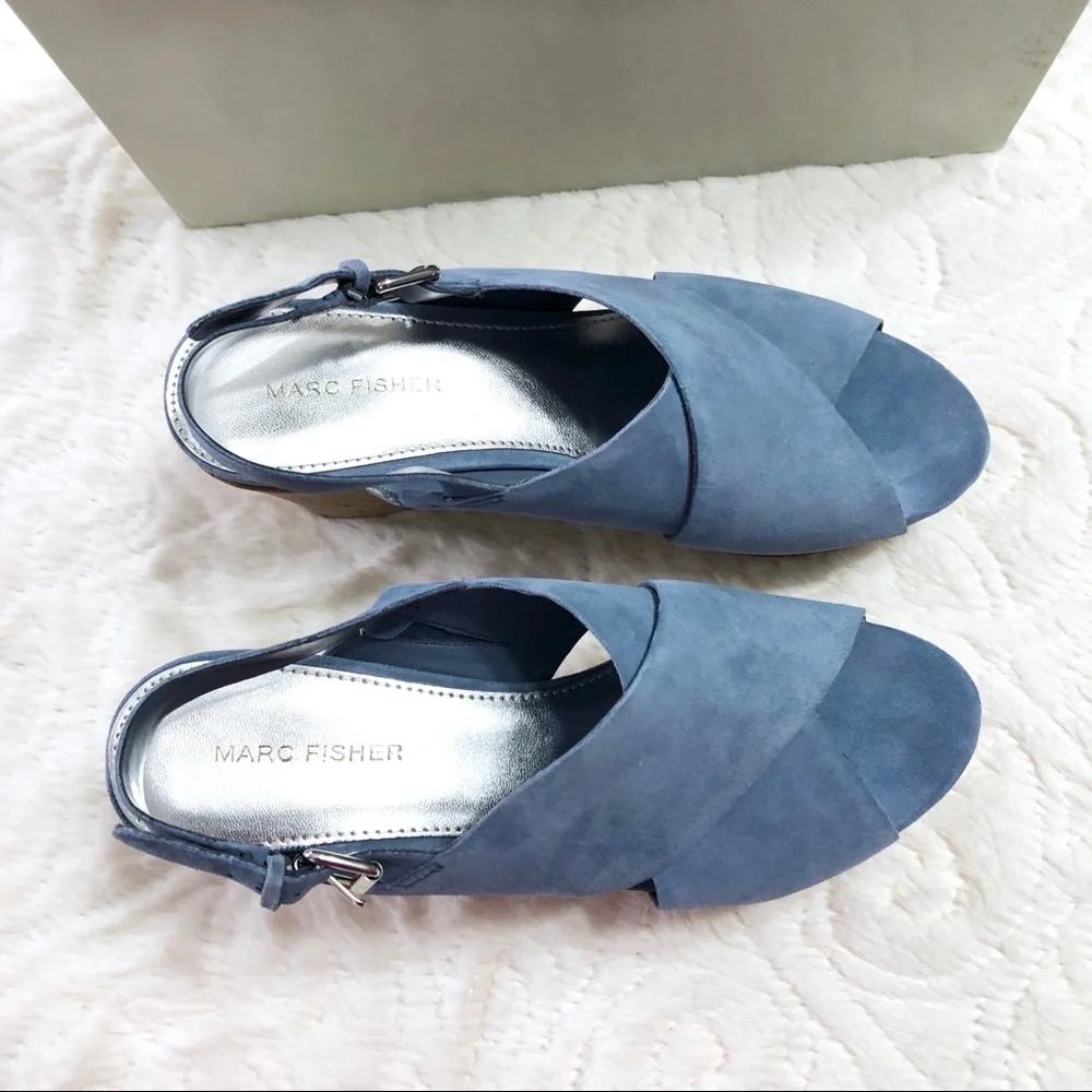 Marc Fisher Suede Slingback Wedge Sandals Size 7.5 Cross Band Open Toe Blue BNIB